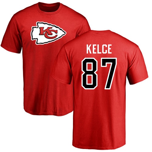Men Kansas City Chiefs #87 Kelce Travis Red Name and Number Logo T-Shirt